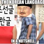 Guy looking at girl | THE KOREAN LANGUAGE; IN A NUTSHELL | image tagged in guy looking at girl,scumbag | made w/ Imgflip meme maker