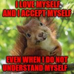 Cute Squirrel | I LOVE MYSELF AND I ACCEPT MYSELF; EVEN WHEN I DO NOT UNDERSTAND MYSELF | image tagged in cute squirrel | made w/ Imgflip meme maker
