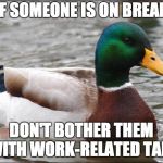 Good Advice mallard | IF SOMEONE IS ON BREAK; DON'T BOTHER THEM WITH WORK-RELATED TALK | image tagged in good advice mallard | made w/ Imgflip meme maker
