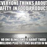 Well, diluted is not the word since plastic just becomes smaller but you get what I mean anyways. | EVERYONE THINKS ABOUT SAFETY  IN FOOD PRODUCTS; NO ONE BLINKS AN EYE ABOUT THOSE 300 MILLIONS PLASTIC TONS DILUTED IN WATER | image tagged in alone water | made w/ Imgflip meme maker