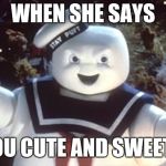 Stay Puft Marshmallow Man | WHEN SHE SAYS; YOU CUTE AND SWEET... | image tagged in stay puft marshmallow man | made w/ Imgflip meme maker