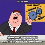 Grinds my gears | FLAT EARTHERS; IF I DREW YOU A PICTURE SHOWING WHY A CURVED SHADOW LOOKS STRAIGHT ON A CURVED SURFACE. YOU WOULD JUST SAY CRAYOLA LIES. | image tagged in grinds my gears | made w/ Imgflip meme maker