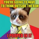 Grumpy Business Cat | YOU’RE GOING TO HAVE TO THINK OUTSIDE THE BOX; I POOPED IN IT | image tagged in grumpy business cat,memes | made w/ Imgflip meme maker