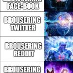 Expanding Brain Expanded | BROWSIERING GOOGLE IMAGES; BROWSERING FACE-BOOK; BROUSERING TWITTER; BROUSERING REDDIT; BROUSERING 4CHAN  (/R9K); GETTING BANNED FROM 4CHAN DUE TO REPLIENG TO A COMMENT | image tagged in expanding brain expanded | made w/ Imgflip meme maker