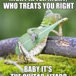 Something Keeps Him Going', 
Miles and Miles a Day, 
't Find Another Place to Play | NIGHT AFTER NIGHT, WHO TREATS YOU RIGHT; BABY IT'S THE GUITAR-LIZARD | image tagged in guitar lizard,bread | made w/ Imgflip meme maker