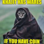 Khajit has wares | KHAJIT HAS WARES; IF YOU HAVE COIN | image tagged in khajit,wares,memes,skyrim | made w/ Imgflip meme maker