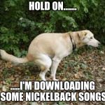 nickelback | HOLD ON....... .....I'M DOWNLOADING SOME NICKELBACK SONGS | image tagged in dog pooping,nickelback,downloading | made w/ Imgflip meme maker