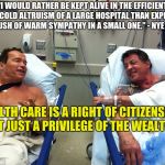 Arnie and Stallone in hospital  | "I WOULD RATHER BE KEPT ALIVE IN THE EFFICIENT IF COLD ALTRUISM OF A LARGE HOSPITAL THAN EXPIRE IN A GUSH OF WARM SYMPATHY IN A SMALL ONE." - NYE BEVAN; HEALTH CARE IS A RIGHT OF CITIZENSHIP, NOT JUST A PRIVILEGE OF THE WEALTHY. | image tagged in arnie and stallone in hospital | made w/ Imgflip meme maker