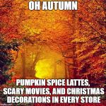 Autumn walk | OH AUTUMN PUMPKIN SPICE LATTES, SCARY MOVIES, AND CHRISTMAS DECORATIONS IN EVERY STORE | image tagged in autumn walk | made w/ Imgflip meme maker