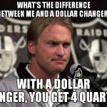 Khalil Mack For A Blocking Sled And A Jock Used By Mitch Trubisky? Sounds Fair To Me.. | WHAT'S THE DIFFERENCE BETWEEN ME AND A DOLLAR CHANGER? WITH A DOLLAR CHANGER, YOU GET 4 QUARTERS | image tagged in jon gruden | made w/ Imgflip meme maker