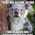 shocked koala | THE DRIVEL DISGUISED AS “JOURNALISM” TODAY HAS BECOME SO BAD; THAT READERS ARE CRITICIZED FOR NOT FACT CHECKING NEWS ARTICLES | image tagged in shocked koala | made w/ Imgflip meme maker