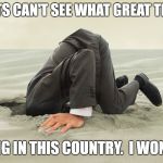 Head buried in sand | DEMOCRATS CAN'T SEE WHAT GREAT THINGS ARE; HAPPENING IN THIS COUNTRY.

I WONDER WHY | image tagged in head buried in sand | made w/ Imgflip meme maker