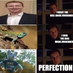 Perfection | I WANT THE REAL MARK ZUCKERBERG; I SAID THE REAL MARK ZUCKERBERG; PERFECTION | image tagged in perfection | made w/ Imgflip meme maker