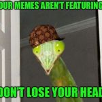 Scumbag Mantis | YOUR MEMES AREN’T FEATURING? DON’T LOSE YOUR HEAD | image tagged in scumbag mantis,memes | made w/ Imgflip meme maker