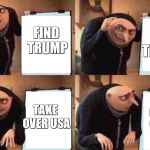 despicable me  meme  | KILL TRUMP; FIND TRUMP; TAKE OVER USA; UR MOM GAY GRU | image tagged in despicable me  meme | made w/ Imgflip meme maker
