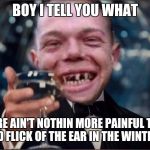 Leonardo DiCaprio Cheers | BOY I TELL YOU WHAT; THERE AIN'T NOTHIN MORE PAINFUL THAN A COLD FLICK OF THE EAR IN THE WINTERTIME | image tagged in memes,leonardo dicaprio cheers,funny,redneck | made w/ Imgflip meme maker