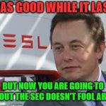 elon musk | IT WAS GOOD WHILE IT LASTED; BUT NOW YOU ARE GOING TO FIND OUT THE SEC DOESN'T FOOL AROUND | image tagged in elon musk | made w/ Imgflip meme maker