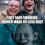 Gollum Drugs | THEY SAID SMOKING WOULD MAKE US LESS UGLY; THEY LIED | image tagged in gollum drugs | made w/ Imgflip meme maker