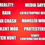 Lamestream Media Distorts Facts | REALITY: RAIN MEDIA SAYS: CATASTROPHIC DELUGE CAR CRASH MANGLED WRECK VIOLENT MOB PROTESTERS WITCH HUNT SENATE CONFIRMATION HEARNING | image tagged in lindsey graham,brett kavanaugh,dianne feinstein,senate,scotus | made w/ Imgflip meme maker