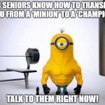 Minions Skip Leg Day | YOUR SENIORS KNOW HOW TO TRANSFORM YOU FROM A 'MINION' TO A 'CHAMPION' TALK TO THEM RIGHT NOW! | image tagged in minions skip leg day | made w/ Imgflip meme maker