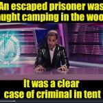 In other news . . . | An escaped prisoner was caught camping in the woods; It was a clear case of criminal in tent | image tagged in obviously obvious news report,memes,bad puns,tent,breaking news | made w/ Imgflip meme maker
