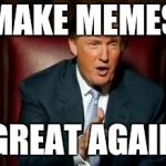 Make memes great | MAKE MEMES; GREAT AGAIN | image tagged in donald trump | made w/ Imgflip meme maker