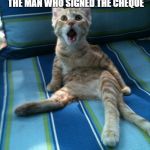 cat surprissed | YOUR FACE WHEN YOU ARE THE ONLYE ONE WHO ALREADY KNEW THE MAN WHO SIGNED THE CHEQUE | image tagged in cat surprissed | made w/ Imgflip meme maker