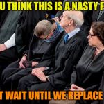 Ginsberg Sleeping | IF YOU THINK THIS IS A NASTY FIGHT, JUST WAIT UNTIL WE REPLACE HER | image tagged in ginsberg sleeping | made w/ Imgflip meme maker