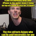 Tech Tip of the day | If you accidentally drop your iPhone in the water, leave it lying on top of a bowl of rice for 24 hours; The rice attracts Asians who can fix your electronics for you | image tagged in linus tech tips,memes,tips | made w/ Imgflip meme maker