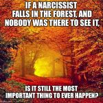 Autumn walk | IF A NARCISSIST FALLS IN THE FOREST, AND NOBODY WAS THERE TO SEE IT, IS IT STILL THE MOST IMPORTANT THING TO EVER HAPPEN? | image tagged in autumn walk | made w/ Imgflip meme maker