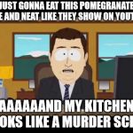 Aand it's gone! | JUST GONNA EAT THIS POMEGRANATE NICE AND NEAT LIKE THEY SHOW ON YOUTUBE; AAAAAAND MY KITCHEN LOOKS LIKE A MURDER SCENE | image tagged in aand it's gone | made w/ Imgflip meme maker