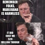 Elon Musk: Marijuana is Harmless | REMEMBER FOLKS, MARIJUANA IS HARMLESS; IT DID COST ME $20 MILLION THOUGH | image tagged in marijuana,elon musk high as space | made w/ Imgflip meme maker