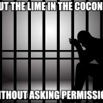 jail | I PUT THE LIME IN THE COCONUT; WITHOUT ASKING PERMISSION | image tagged in jail | made w/ Imgflip meme maker