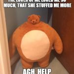 Buff Teddy Bear | THE LOVER OF ME LOVED ME SO MUCH, THAT SHE STUFFED ME MORE; AGH, HELP | image tagged in buff teddy bear | made w/ Imgflip meme maker