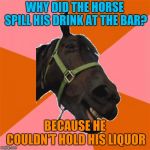 Anti-Joke Horse | WHY DID THE HORSE SPILL HIS DRINK AT THE BAR? BECAUSE HE COULDN'T HOLD HIS LIQUOR | image tagged in anti-joke horse | made w/ Imgflip meme maker