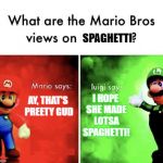 Spaghetti. | SPAGHETTI; AY, THAT'S PREETY GUD; I HOPE SHE MADE LOTSA SPAGHETTI! | image tagged in mario bros | made w/ Imgflip meme maker