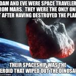 Asteroid | ADAM AND EVE WERE SPACE TRAVELERS FROM MARS.  THEY WERE THE ONLY ONES LEFT AFTER HAVING DESTROYED THE PLANET. THEIR SPACESHIP WAS THE ASTEROID THAT WIPED OUT THE DINOSAURS. | image tagged in asteroid | made w/ Imgflip meme maker