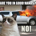 Grumpy Cat Weekend by Craziness_all_the_way and socrates!  | ARE YOU IN GOOD HANDS? NO! | image tagged in grumpy cat fire car,grumpy cat weekend | made w/ Imgflip meme maker