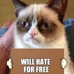 Grumpy Cat Cardboard Sign | WILL HATE FOR FREE | image tagged in grumpy cat cardboard sign | made w/ Imgflip meme maker
