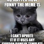 Confession Cat | NO MATTER HOW FUNNY THE MEME IS; I CAN'T UPVOTE IT IF IT USES ANY GORDON RAMSAY TEMPLATE | image tagged in confession cat | made w/ Imgflip meme maker