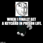 Default Roblox male | WHEN I FINALLY GET A KEYCARD IN PRISON LIFE. | image tagged in default roblox male | made w/ Imgflip meme maker