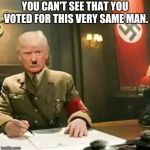 Hitler's regime started in a surprisingly similar way - | YOU CAN'T SEE THAT YOU VOTED FOR THIS VERY SAME MAN. | image tagged in donald trump hitler | made w/ Imgflip meme maker