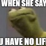 constipated kermit | WHEN SHE SAY; U HAVE NO LIFE | image tagged in constipated kermit | made w/ Imgflip meme maker