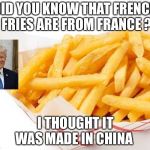 French fries are from france | DID YOU KNOW THAT FRENCH FRIES ARE FROM FRANCE ? I THOUGHT IT WAS MADE IN CHINA | image tagged in french fries are from france | made w/ Imgflip meme maker