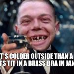 It's not that cold outside yet but soon will be | IT'S COLDER OUTSIDE THAN A WITCH'S TIT IN A BRASS BRA IN JANUARY | image tagged in cheers redneck,memes,funny,leonardo dicaprio cheers,winter | made w/ Imgflip meme maker