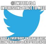 Twitter | @TWITTER IS A INTERESTING PLACE TO MEET; ANYBODY & EVERYBODY ON PLANET EARTH 🌎 P.S. FOLLOW THE RULES & ENJOY YOUR EXPERIENCE. | image tagged in twitter | made w/ Imgflip meme maker