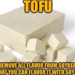 NO TOFU TODAY | TOFU; REMOVE ALL FLAVOR FROM SOYBEAN SO THAT YOU CAN FLAVOR IT WITH SOY SAUCE | image tagged in no tofu today | made w/ Imgflip meme maker