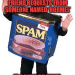 You don’t know who to trust anymore  | DO NOT ACCEPT FRIEND REQUESTS FROM SOMEONE NAMED ‘HORMEL’; IT COULD BE SPAM | image tagged in spam,facebook,friend request | made w/ Imgflip meme maker