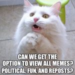 I like them all so... | CAN WE GET THE OPTION TO VIEW ALL MEMES? POLITICAL, FUN, AND REPOSTS? | image tagged in begging cat,imgflip | made w/ Imgflip meme maker