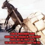 Overloaded donkey | I CAN BE OVERLOADED FROM  CARRYING THE LUGGAGE OF 10 DIFFERENT PEOPLE BUT ALL YOU'LL SEE IS THE ONE BAG I COULDN'T CARRY FOR YOU. | image tagged in overloaded donkey | made w/ Imgflip meme maker